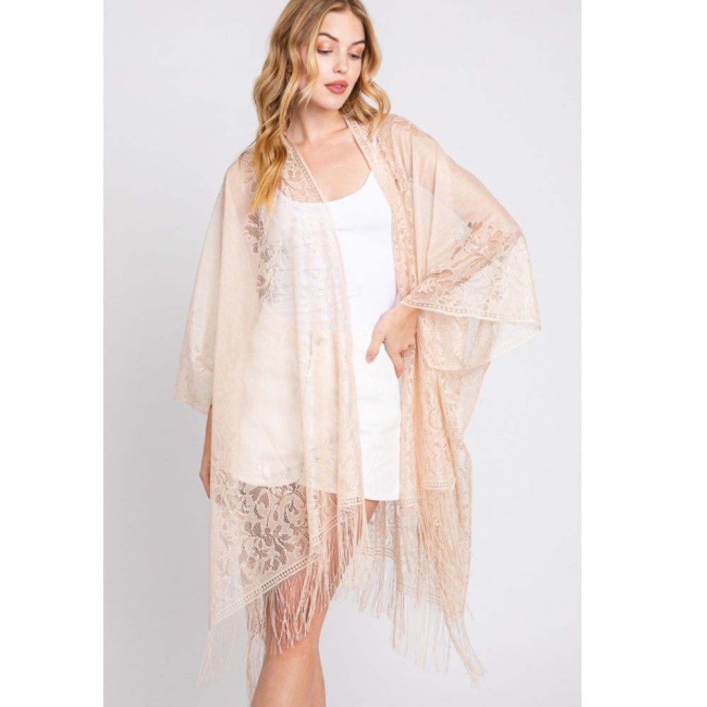 "The Padma" Cream Floral Lace Kimono with Tassels